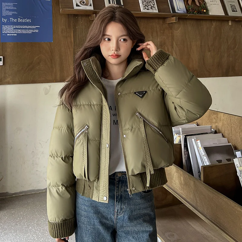 Woherb Short Cotton-Padded Clothes Female 2024 Winter New Korean Version Of Vertical Collar Leisure Down Cotton-Padded Clothes Splicing Loose Add Thick Coat Tide-Outfit Ideas