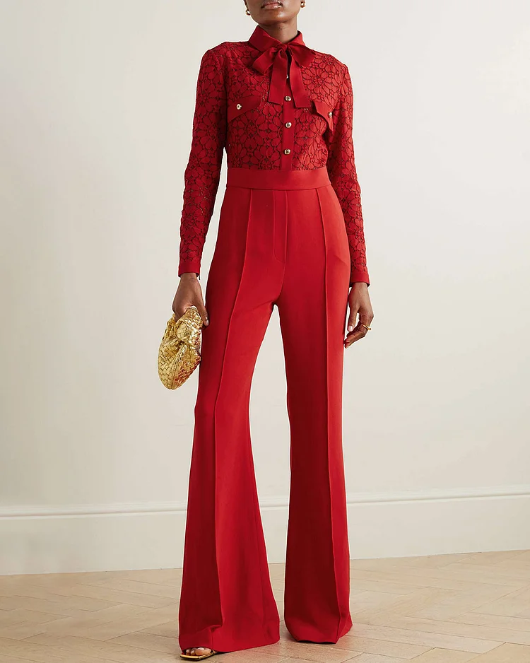Pussy-bow corded lace and crepe jumpsuit
