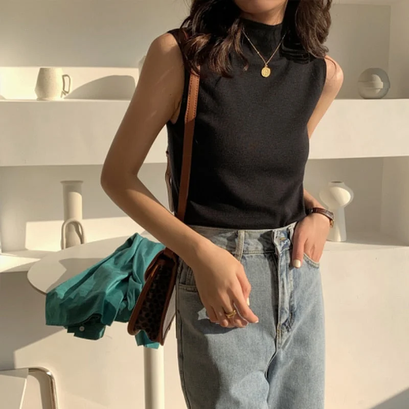 Sexy Knitted Top Summer Turtleneck Tank Top Female Sleveless T-shirt Vest Casual Women Camisole Blouse Sleeveless Slim Top 13122