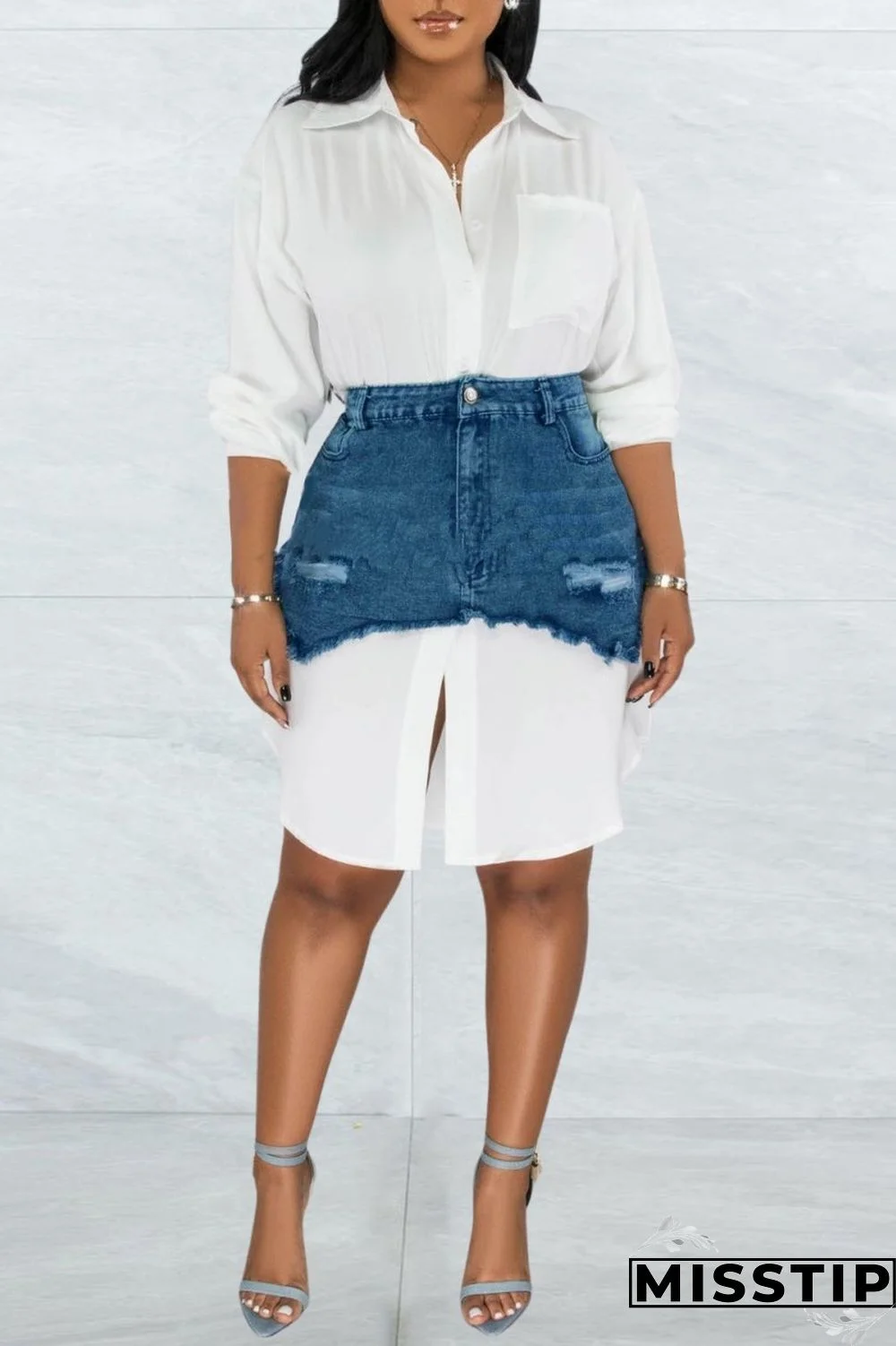 Black Casual Solid Ripped Turndown Collar Long Sleeve Two Pieces