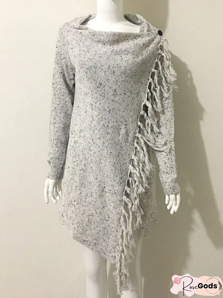 Long Sleeve Plain Knitted Fringed Cowl Neck Plus Size Cardigan