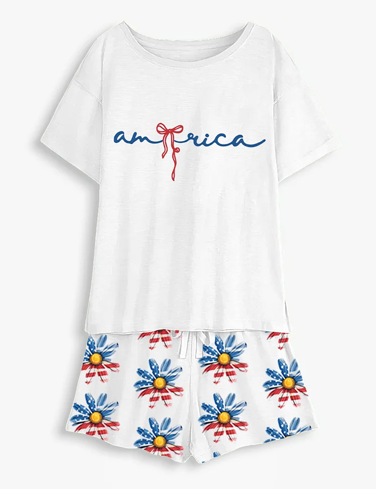 Women's 4th Of July Daisy  Coquette America Bow Short Sleeve Pajama Set