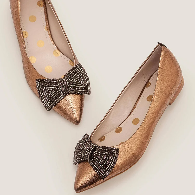 Rose Gold Pointy Toe Beaded Bow Comfortable Flats |FSJ Shoes
