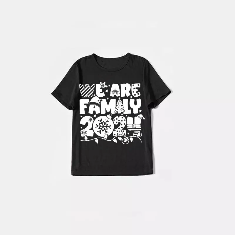 "We are Family 2024" White Letter Print Black Short Sleeve with Red & Black Plaid Pant Family Matching Pajamas