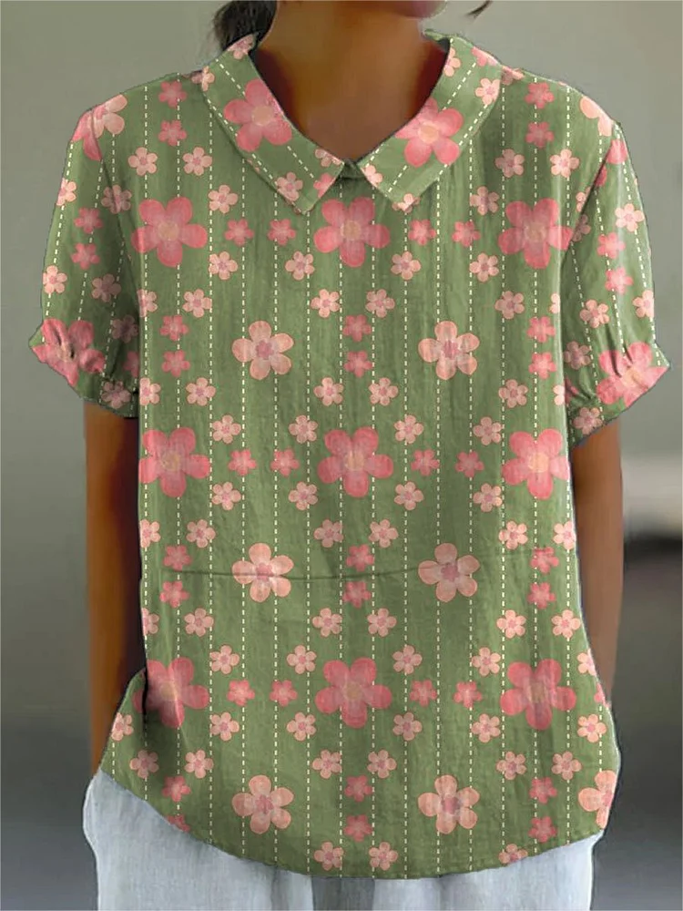 Women's Vintage Lovely Floral Art Print Casual Cotton And Linen Shirt