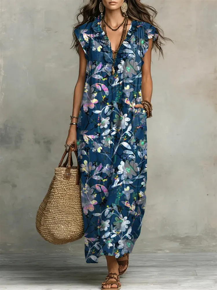 Women's Retro Floral Pattern Art Print Casual Ruffled Stylish Cotton Linen Dress