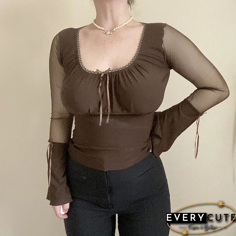 Women Flare Full Sleeve Tshirt Slim Elegant Slim Mesh Patchwork Transparent High Street Vintage T Shirt Femme Tops