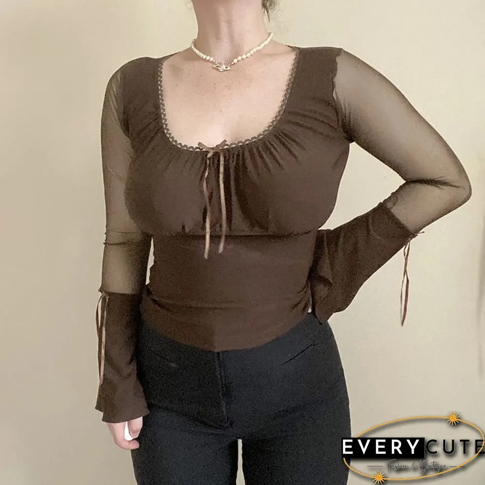 Women Flare Full Sleeve Tshirt Slim Elegant Slim Mesh Patchwork Transparent High Street Vintage T Shirt Femme Tops