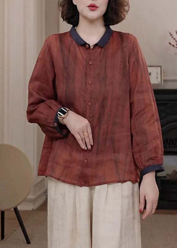 Casual Red Peter Pan Collar Patchwork Button Shirts Fall