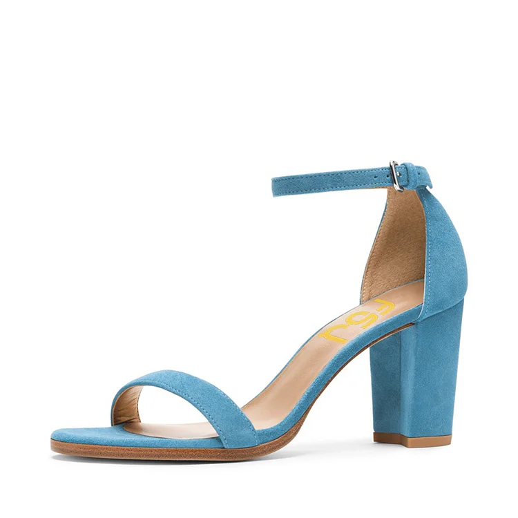 Blue Ankle Strap Sandals Vegan Suede Open Toe Block Heels for Ladies |FSJ Shoes