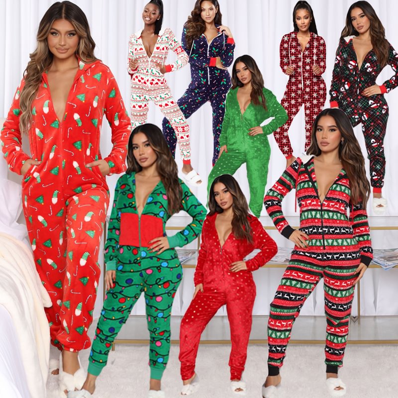 Christmas Home Wear Deer Snowman Print Women's Jumpsuit Pajamas - Livereid