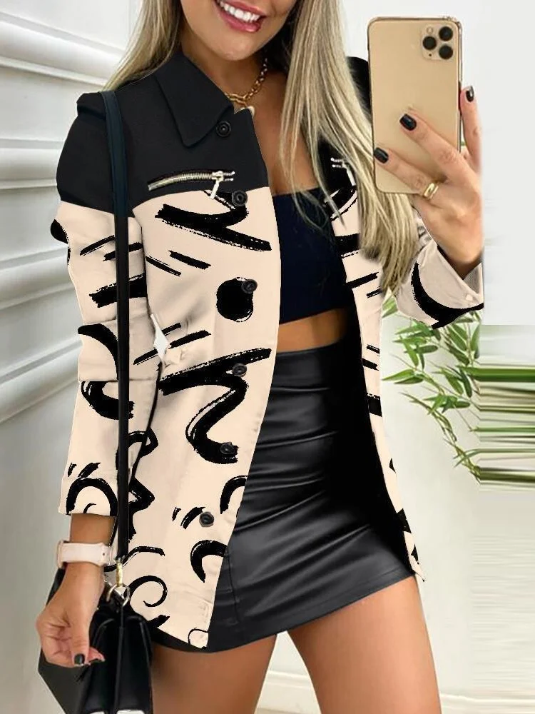Nigikala Nigikala Spring And Autumn New Black Coat Long Sleeve Button Color Printing Clip Commuter Temperament Advanced Sensing Suit Woman