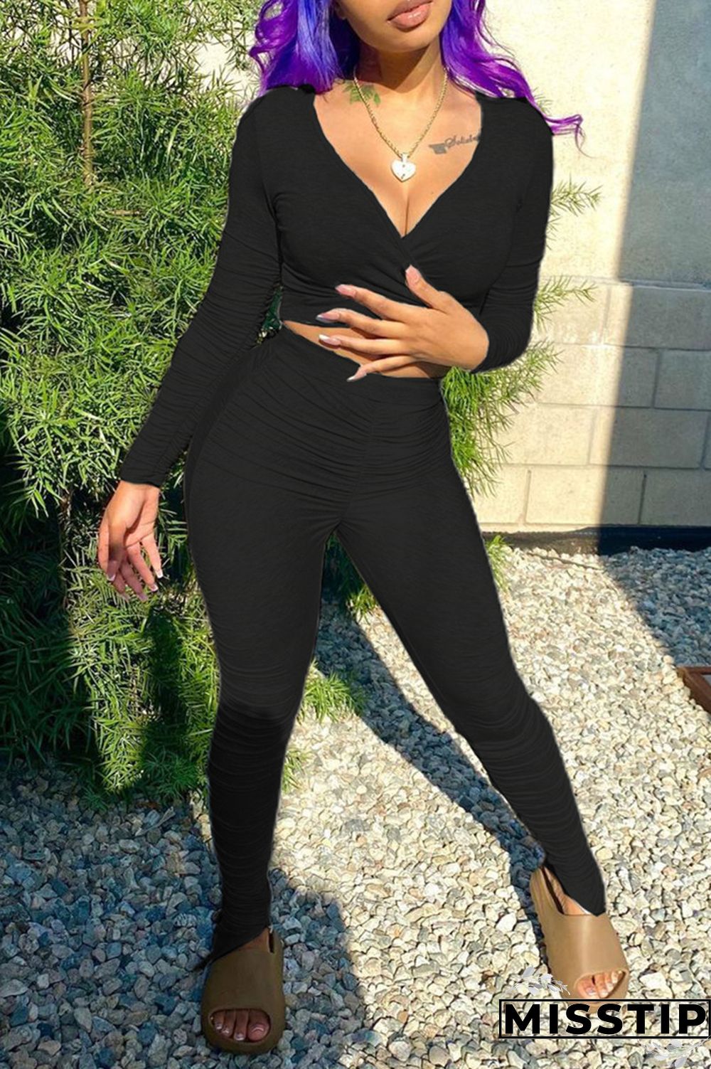 Grey Fashion Casual Solid Slit Fold V Neck Long Sleeve Two Pieces