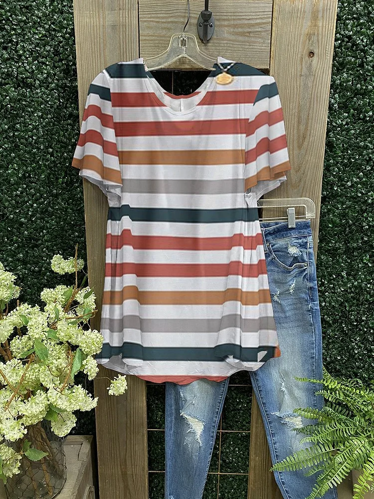 Women's Color Stripe Printing  T-shirt-Mayoulove