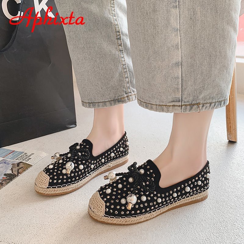 Aphixta Crystals Butterfly-knot Espadrilles Women Flat Heel Hemp Shoes Shiny Loafers Luxury Pearl Moccasins Slip On Lady Flats
