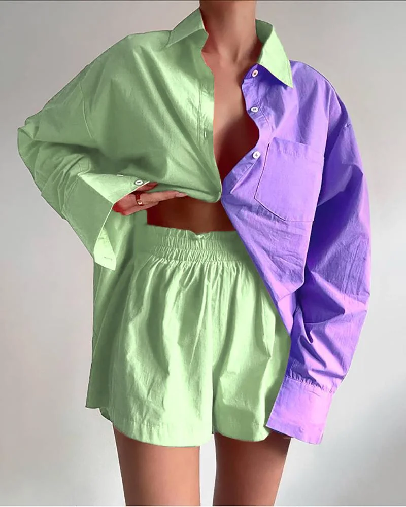 Casual Two Piece Colorblock Shirt & Shorts
