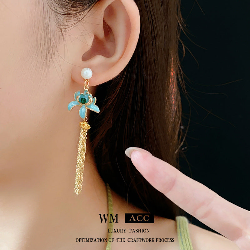 Luxurious Flower Lotus Flower Artificial Pearl Oil Dripping Earrings