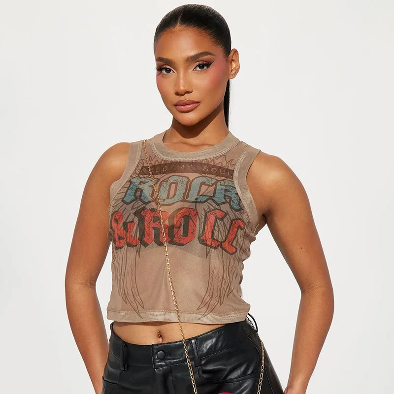 Brownm Brownm Women's Summer New Fashion Perspective Mesh Printing Round-Neck Sleeveless Short Vest