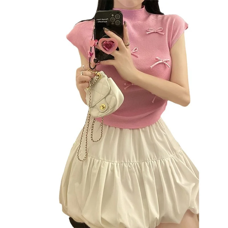 Uveng Uveng Wind Gentle Niche Bow High-Neck Short Sleeve New T-Shirt Summer Slimming Short Blouses Ins
