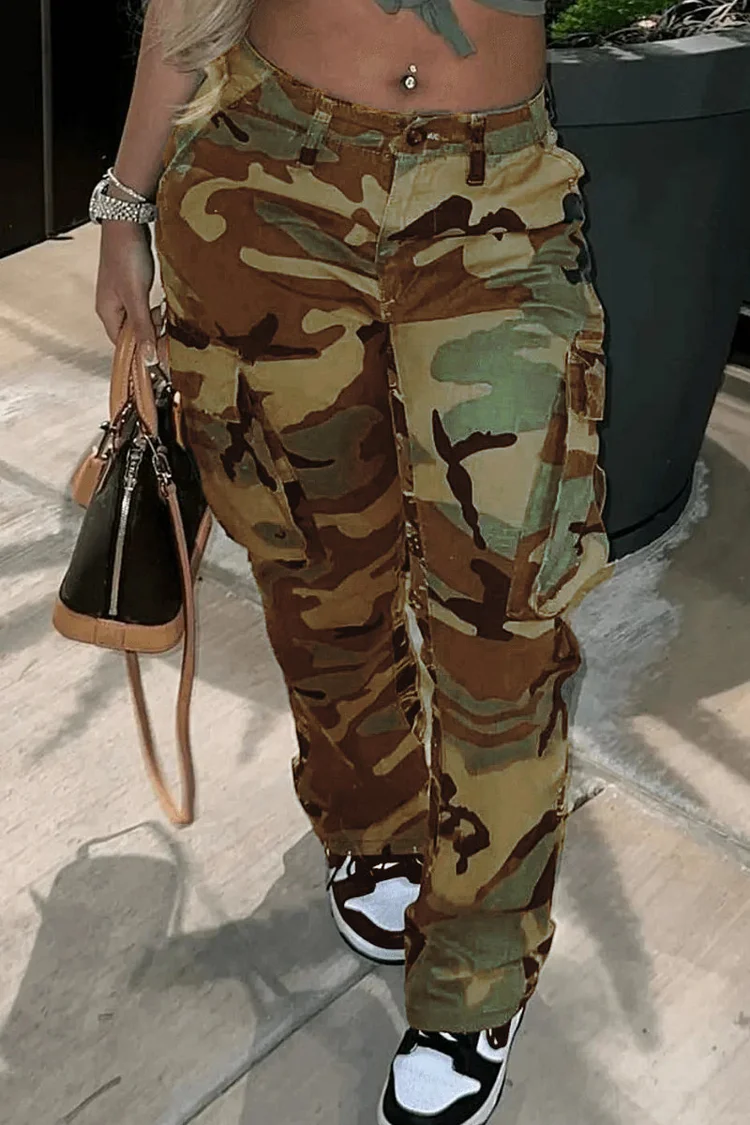 Xpluswear Plus Size Casual Camouflage Print Pocket Design Cargo Pants 