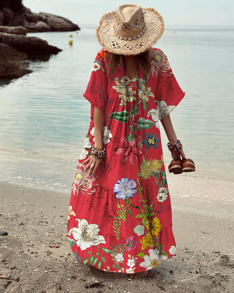 Women's V-Neck Vintage Floral Print Beach Dress socialshop