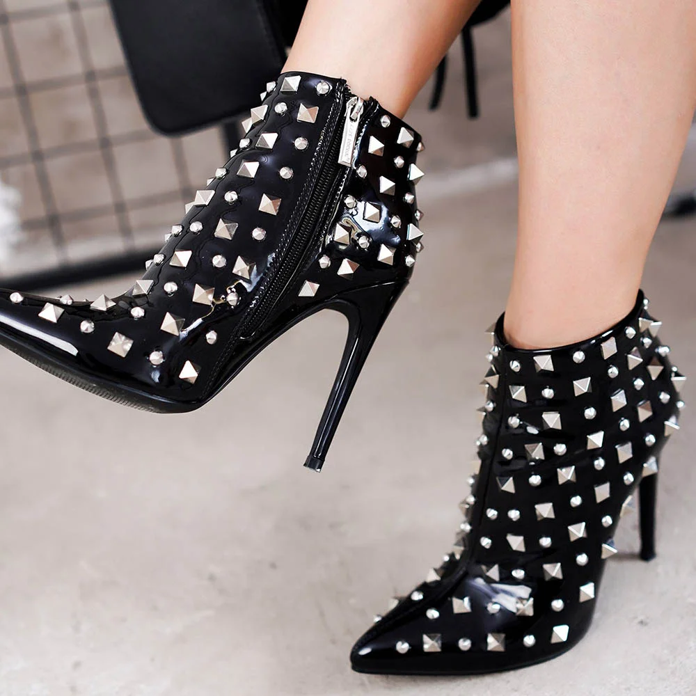 Black Patent Leather Closed Pointed Toe rivet  Ankle Boots With Stiletto Heels Nicepairs