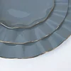 10 Pack | 11" Dusty Blue Hard Plastic Dinner Plates with Gold Ruffled Rim, Large Heavy Duty Disposable Dinnerware