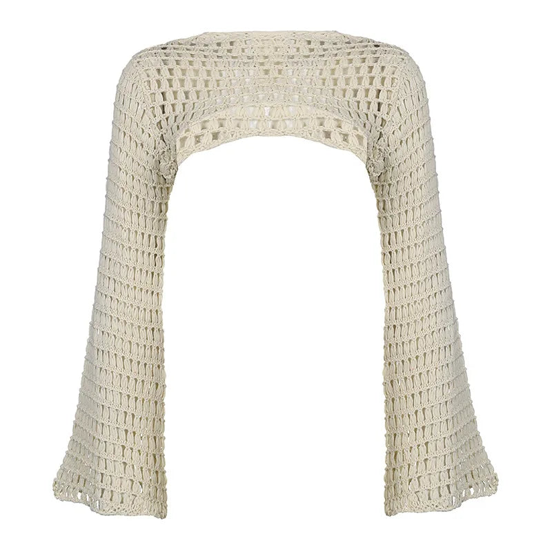 Aiertu Women Y2k Crochet Knit Hollow Out Crop Top Long Flared Sleeve Shrug Sweater Mesh Cover Ups Cardigan Streetwear Pullover Women Aiertu