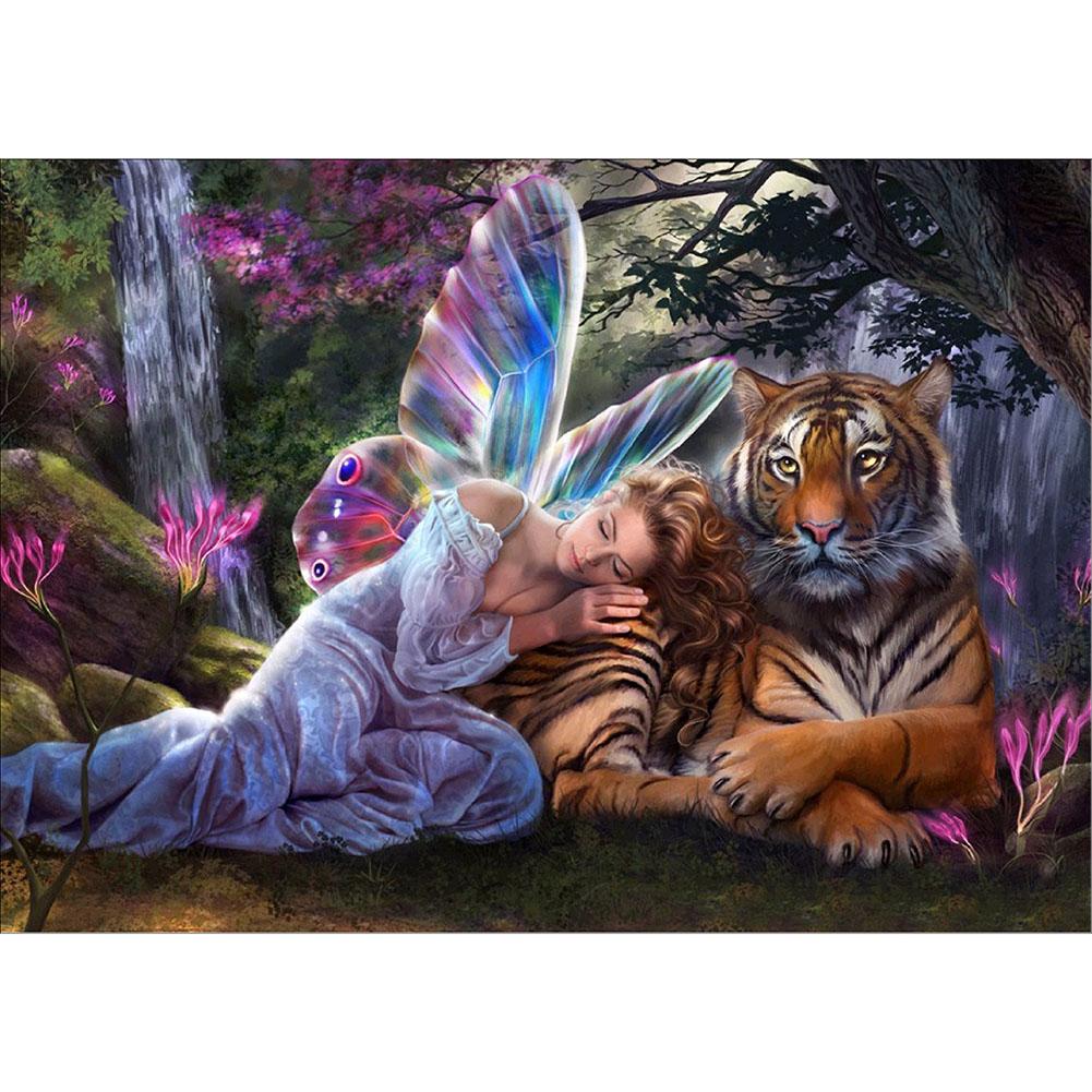 

40*30CM - Angel and Tiger - Round Drill Diamond Painting, 501 Original