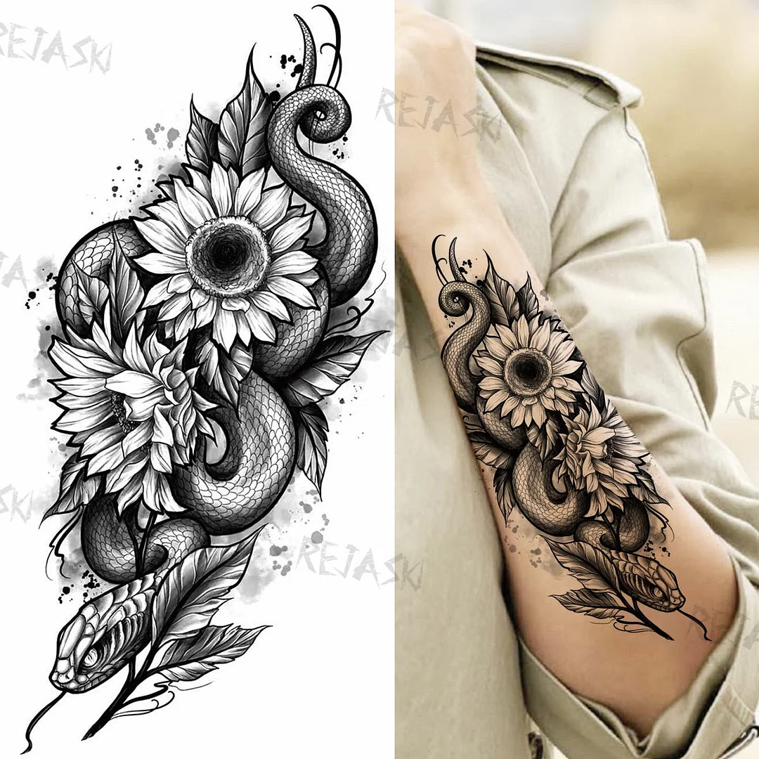 Sexy Snake Flower Fake Temporary Tattoo For Women Black Sunflower Tattoos Bloosom Big Daisy Camellia Water Transfer Tatoos Legs