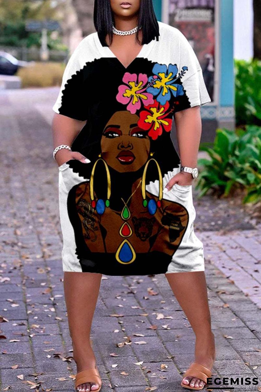 3D Printed Outdoor Fashion Casual Loose Plus Size Women's V-neck Sleeve Dress White Dresses | EGEMISS