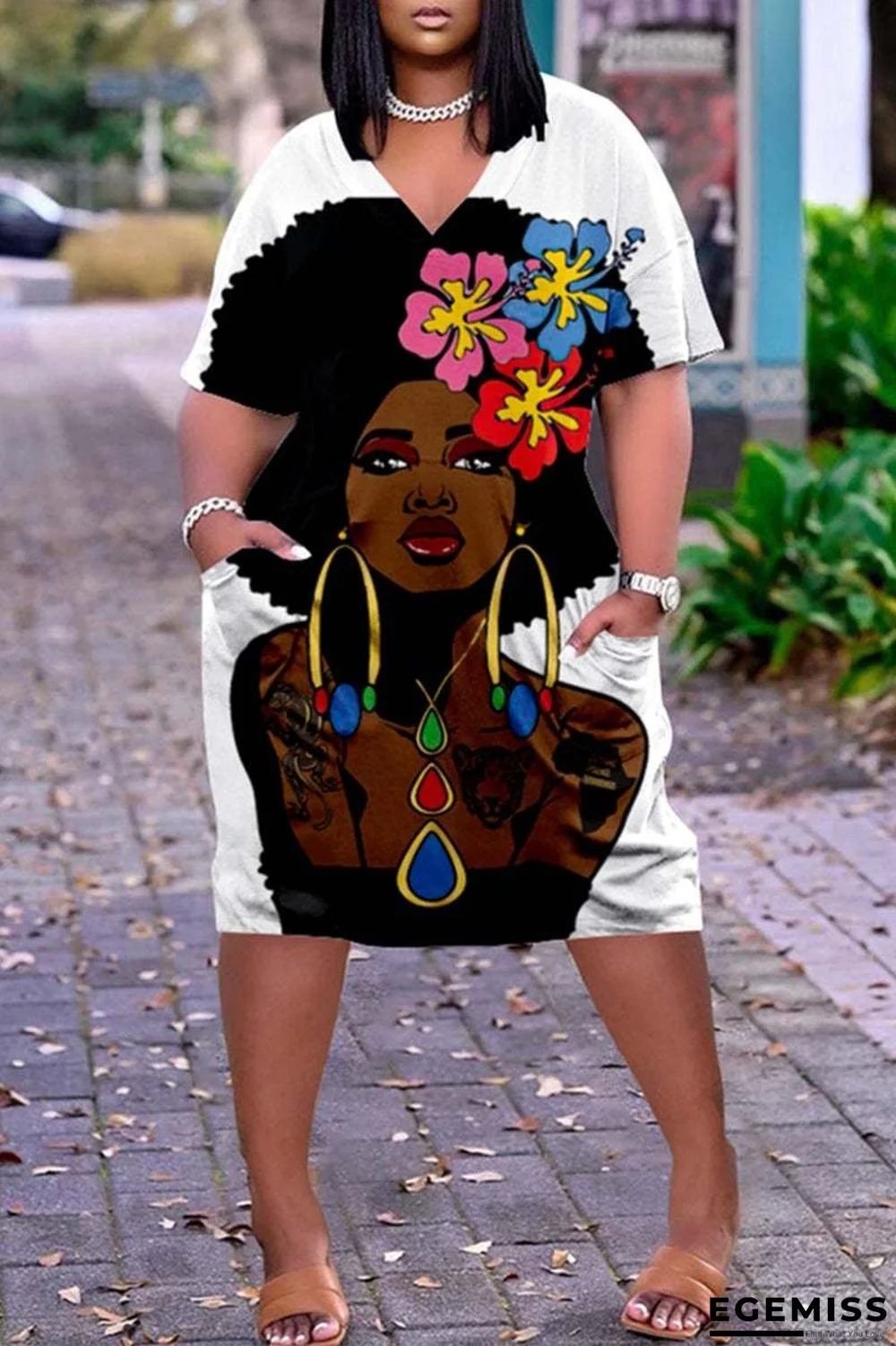 3D Printed Outdoor Fashion Casual Loose Plus Size Women's V-neck Sleeve Dress White Dresses | EGEMISS