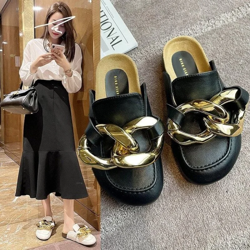 Sandals Brand Designed Women's Slippers Fashion Big Gold Chain Sandals Shoes Mul Round Toe Slippers Flat Heel Casual Slippers 42