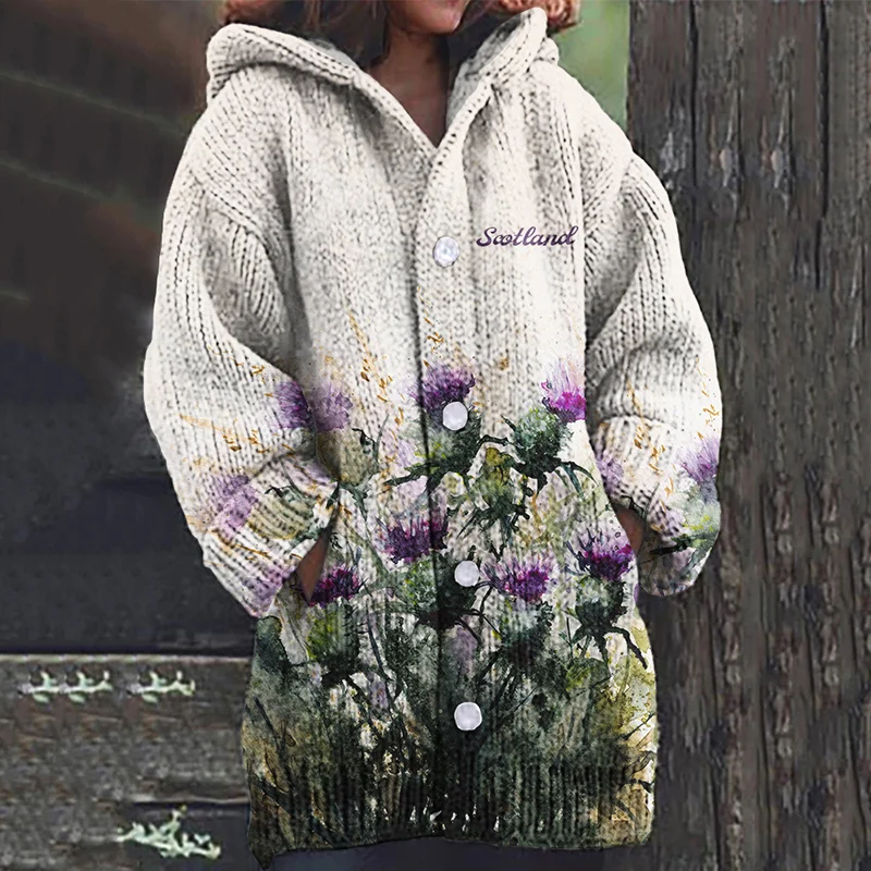 Scotland Thistle Print Knit Hooded Cardigan