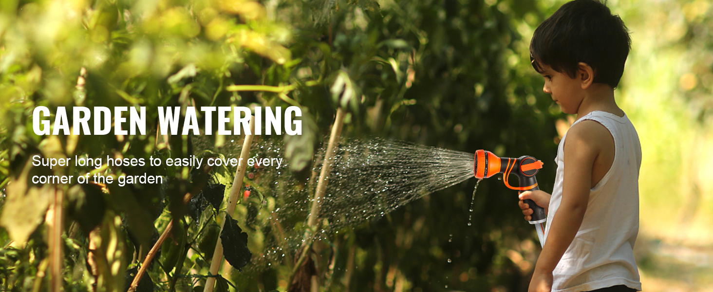 child watering garden plants with VEVOR retractable hose reel; text reads "garden watering".