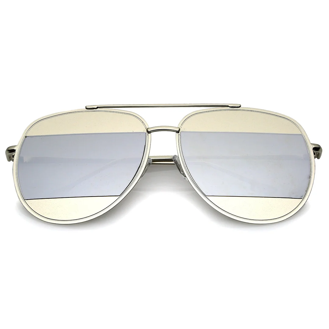 Two-Toned Metal Thin Temple Brow Bar Colored Mirror Split Lens Aviator glasses 57mm