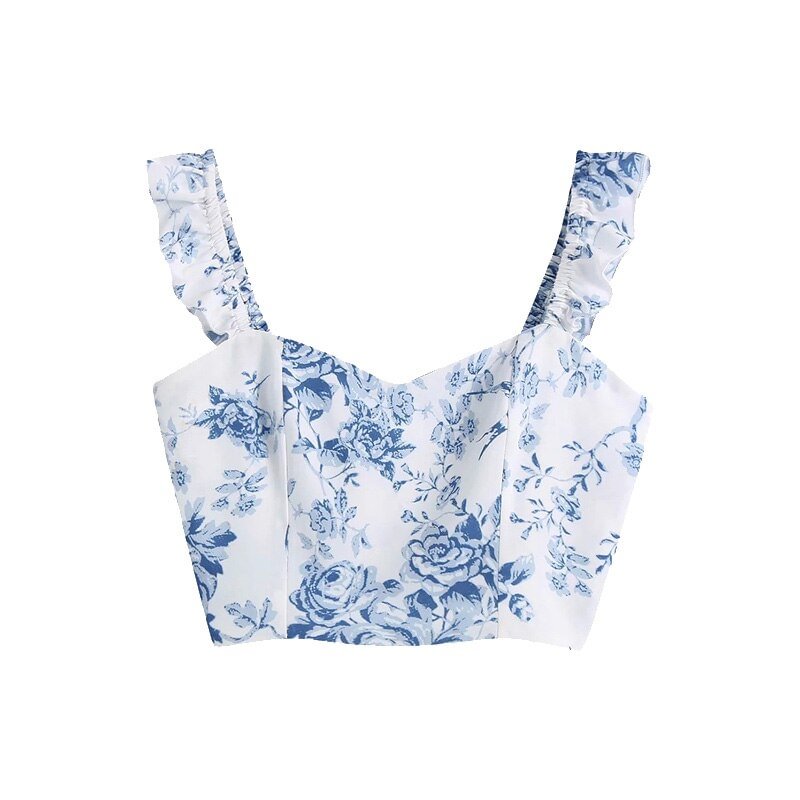 TRAF Women Fashion Floral Print Cropped Tank Tops Vintage Backless Elastic Wide Straps Female Camis Mujer