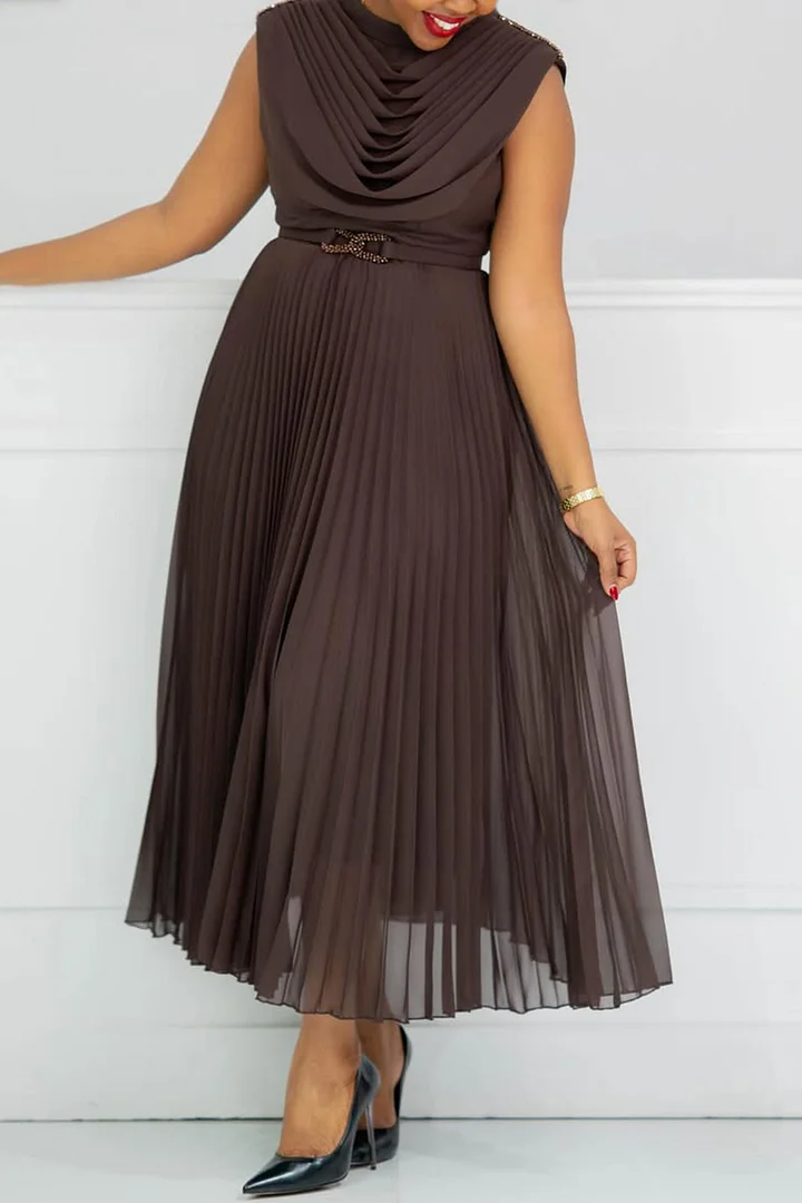 Plus Size Mother Of The Bride Elegant Brown Round Neck Pleated Fold Chiffon Midi Dresses (No Belt) 2024 - Xpluswear