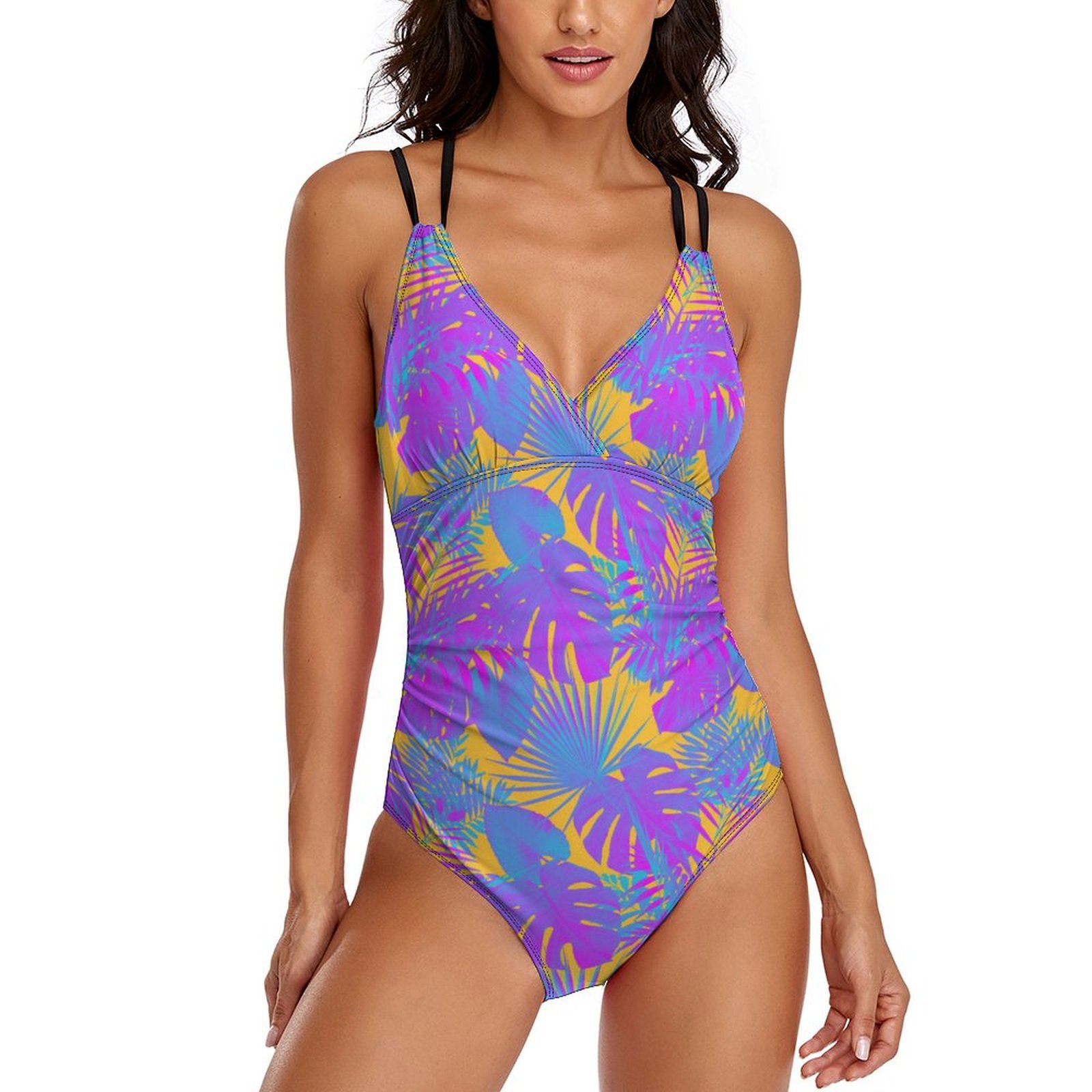 Women's Plant Summer One Piece Deep V Neck Crisscross Back Adjustable Strap Swimsuits