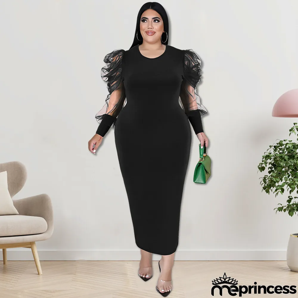Plus Size Fall Women'S Round Neck Ruched Mesh Long Sleeve Solid Color Long Dress
