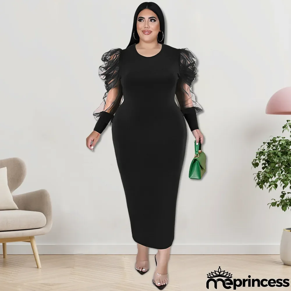 Plus Size Fall Women'S Round Neck Ruched Mesh Long Sleeve Solid Color Long Dress