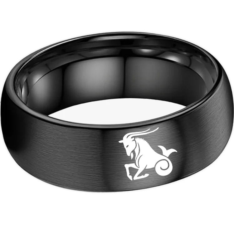 4MM 6MM 8MM Black Capricorn Tungsten Carbide Rings Prints Laser Design Domed Top Tungsten Wedding Bands