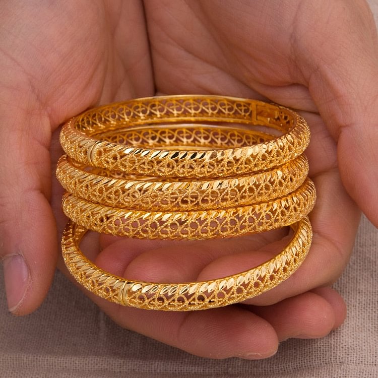 4Pcs Dubai Gold Jewelry Bangle Bracelet for Women Girl Gold Color Bangle Wedding Bangles