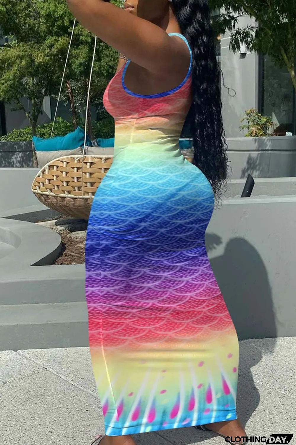 Blue Fashion Sexy Gradual Change Print Basic U Neck Vest Dress