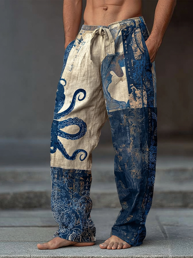 Vintage Japanese Art Octopus Pattern Printed Casual Pants  artssus