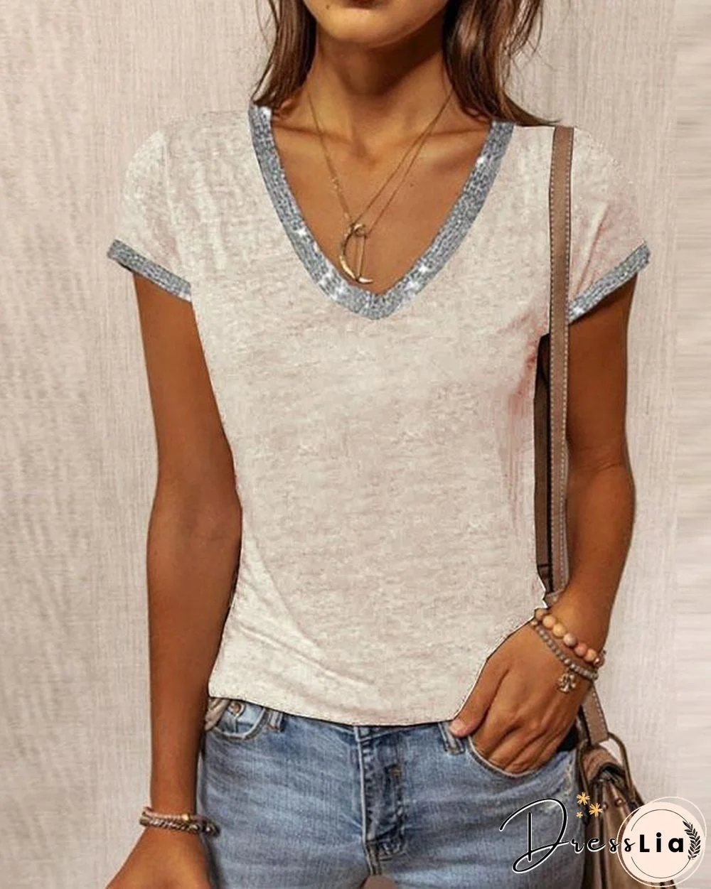 Fashion Contrast V Neck Slim Shirt&Top