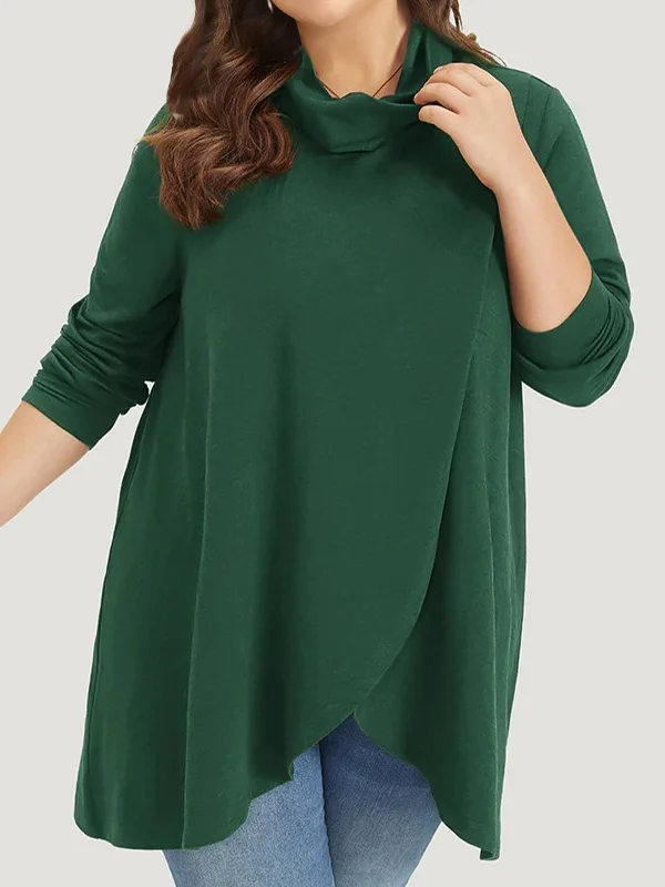 Asymmetric Plain Solid Color Long Sleeves Loose Turtleneck Sweatshirt Tops
