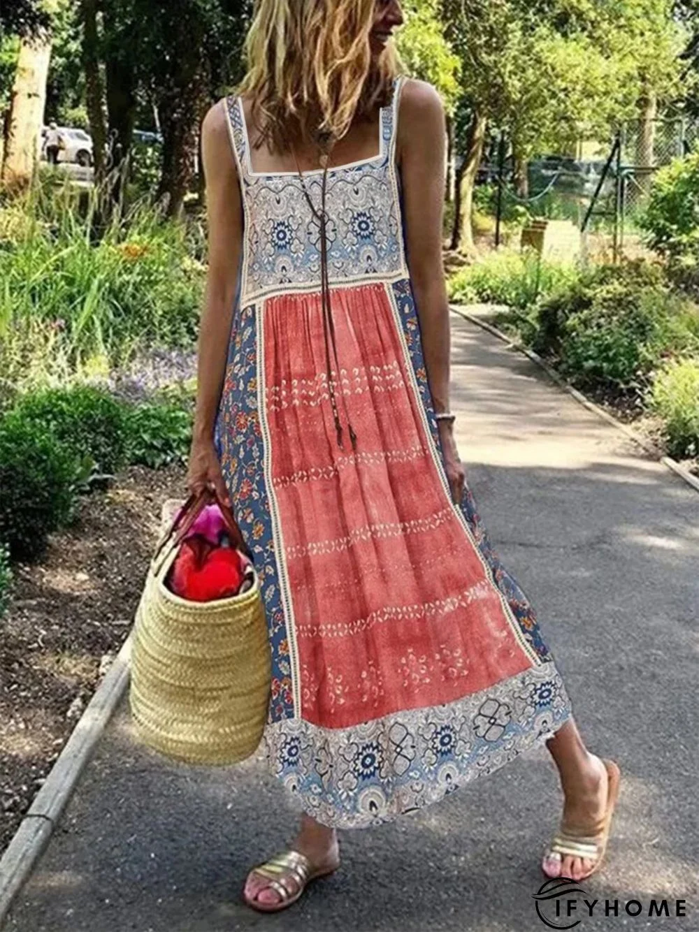 Casual Ethnic Square Neck Sleeveless Loose Dresses | IFYHOME