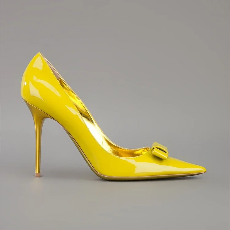 Yellow Bow Pointy Toe Patent Leather Stiletto Pumps Vdcoo