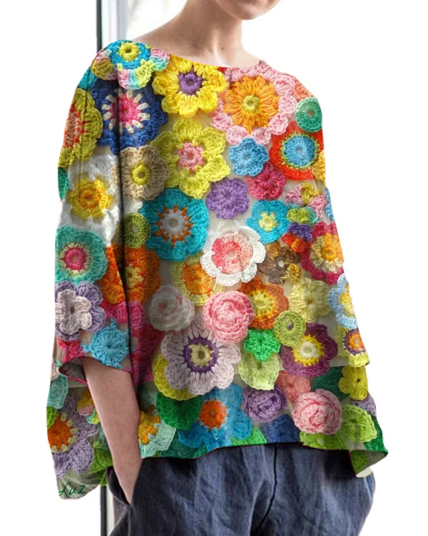Vintage Floral Embroidery Print Crew Neck Linen Loose Top